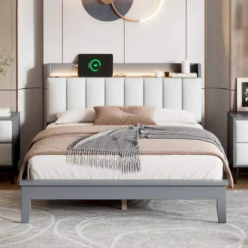 Platform Bed with USB Charging Station and Storage Upholstered Headboard,LED Bed Frame,No Box Spring Needed