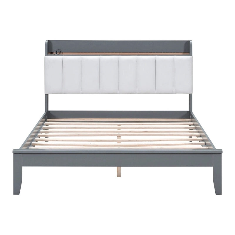 Platform Bed with USB Charging Station and Storage Upholstered Headboard,LED Bed Frame,No Box Spring Needed