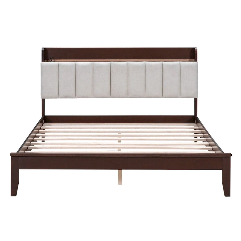 Platform Bed with USB Charging Station and Storage Upholstered Headboard,LED Bed Frame,No Box Spring Needed