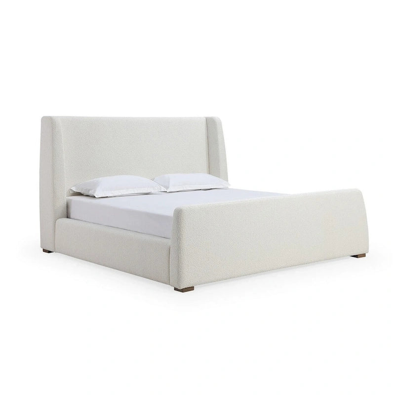 Mosi Queen Platform Bed, Wingback Headboard, White Boucle Fabric Upholstery