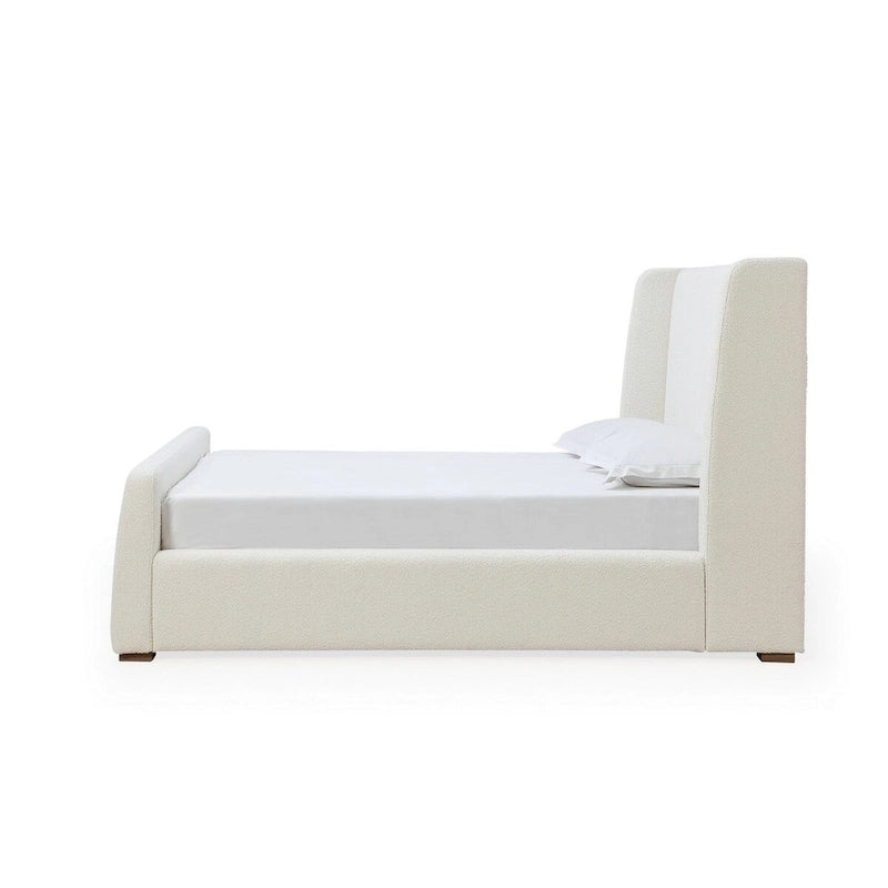 Mosi Queen Platform Bed, Wingback Headboard, White Boucle Fabric Upholstery
