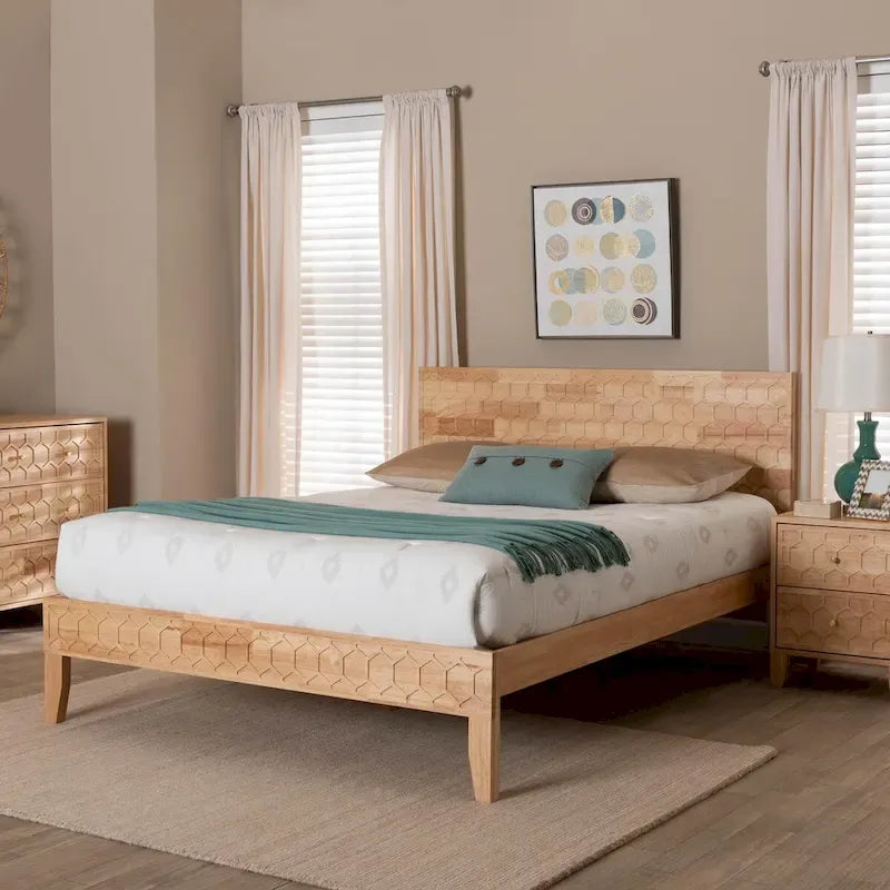 Hosea Japandi Carved Honeycomb Natural Queen Size Platform Bed