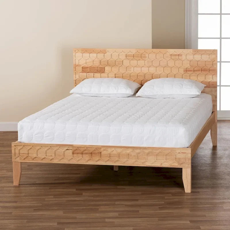 Hosea Japandi Carved Honeycomb Natural Queen Size Platform Bed