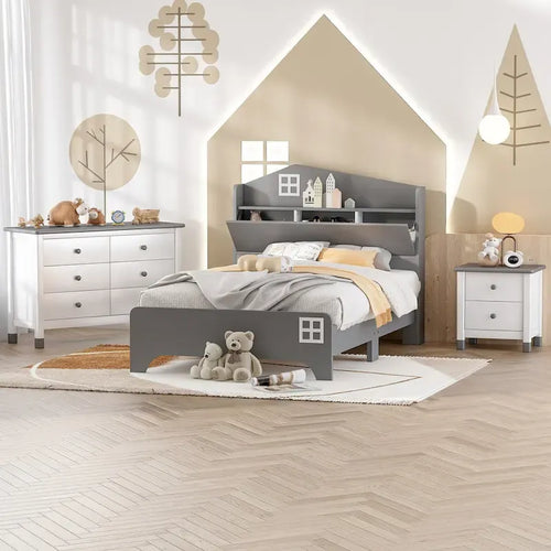 3-Pieces Bedroom Sets Twin Size House Bed with Storage Headboard, Wooden Nightstand and Storage Dresser,Gray