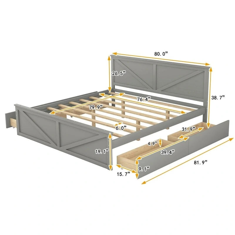 King Size Wooden Platform Bed with Four Storage Drawers and Support Legs