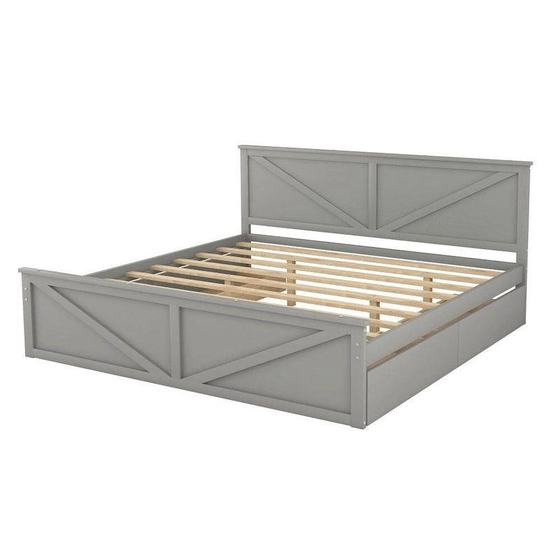 King Size Wooden Platform Bed with Four Storage Drawers and Support Legs