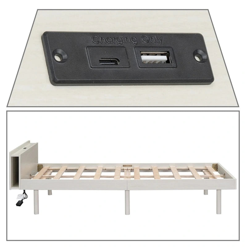 Minimalist Design Twin Size Wooden Platform Bed Frame with Charging Station