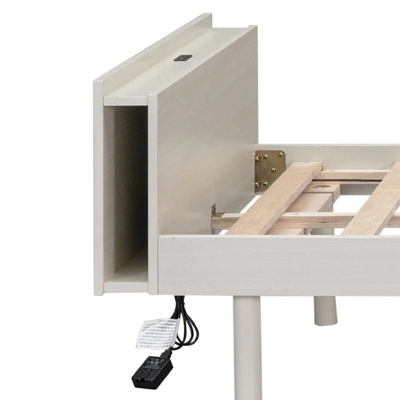 Minimalist Design Twin Size Wooden Platform Bed Frame with Charging Station