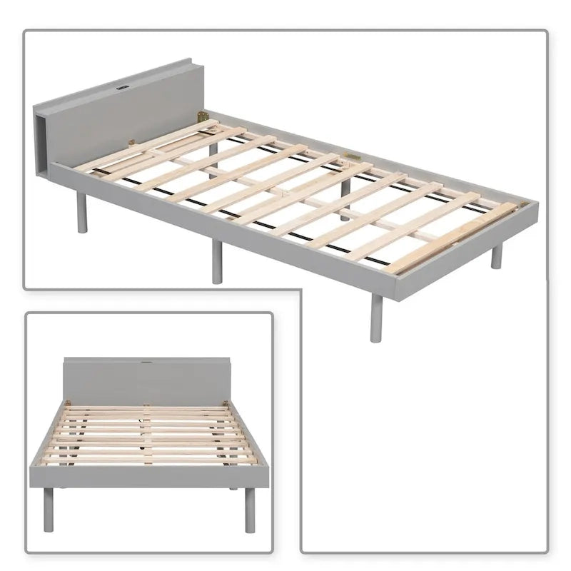 Minimalist Design Twin Size Wooden Platform Bed Frame with Charging Station