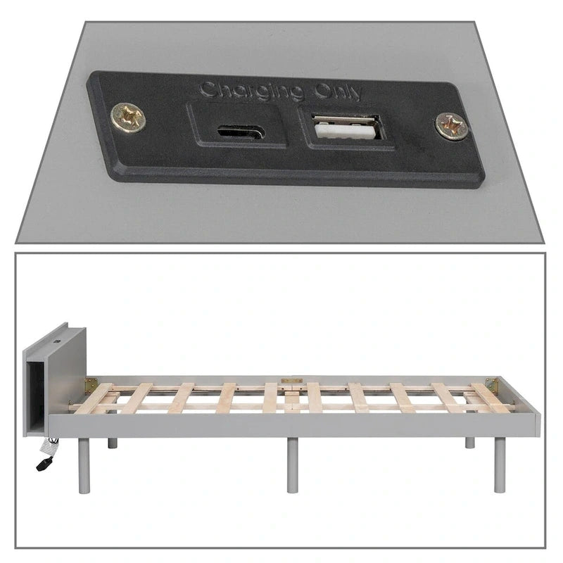 Minimalist Design Twin Size Wooden Platform Bed Frame with Charging Station