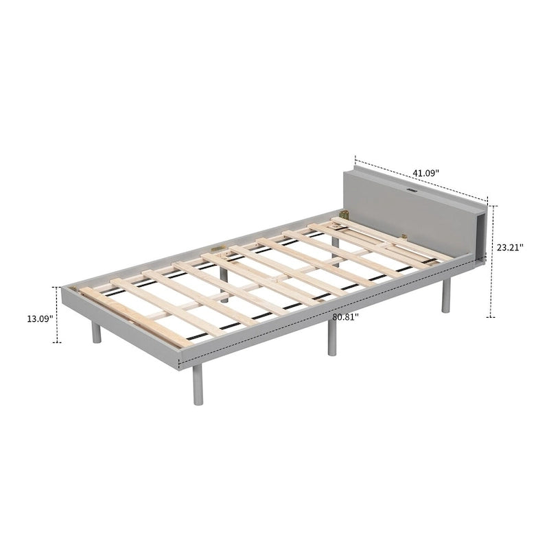 Minimalist Design Twin Size Wooden Platform Bed Frame with Charging Station