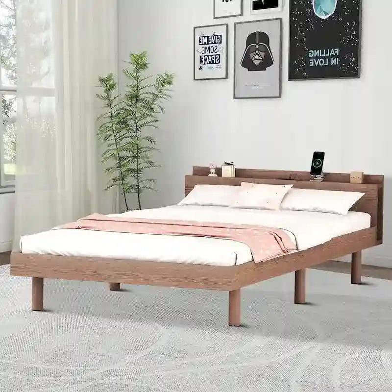 Minimalist Design Twin Size Wooden Platform Bed Frame with Charging Station
