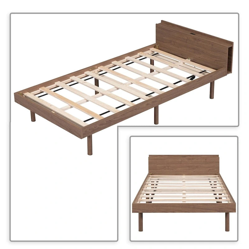 Minimalist Design Twin Size Wooden Platform Bed Frame with Charging Station