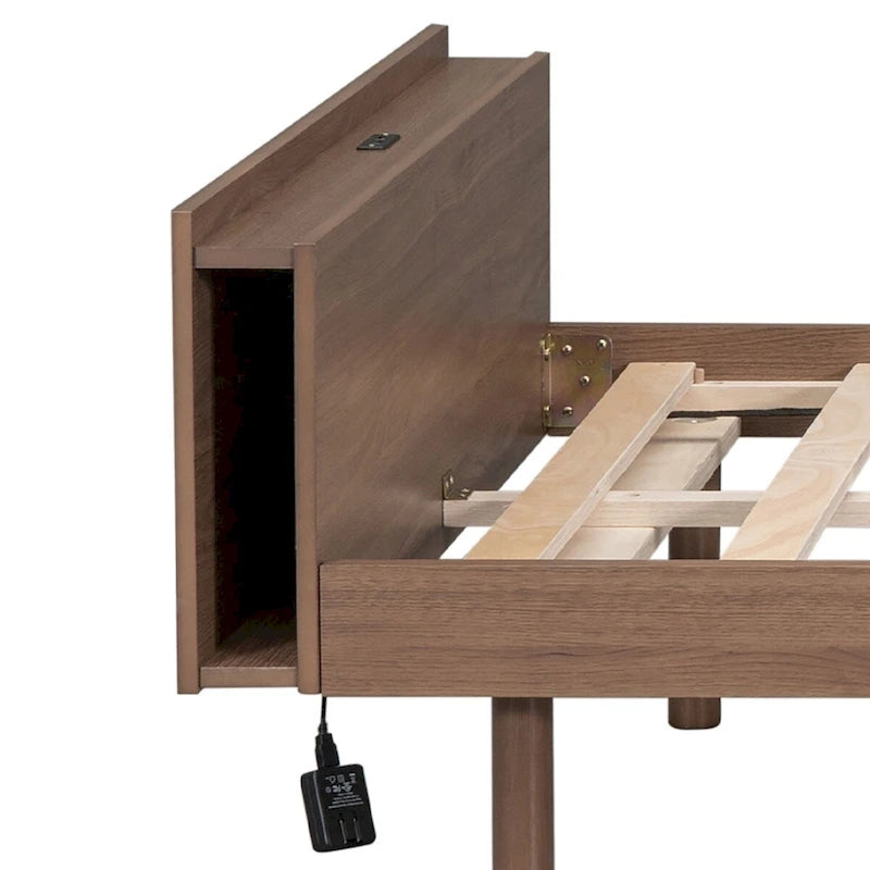 Minimalist Design Twin Size Wooden Platform Bed Frame with Charging Station