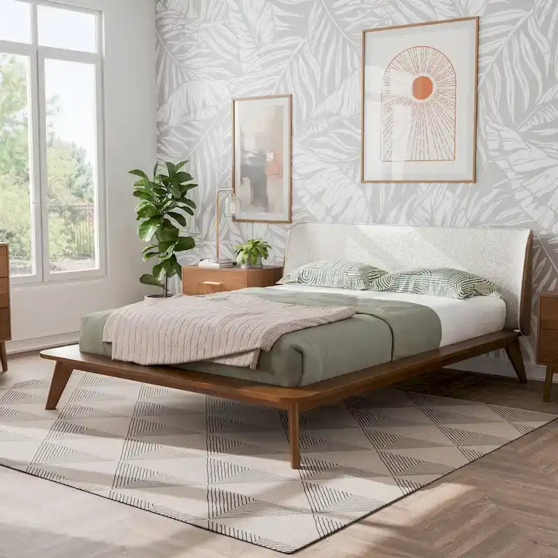 Furniture of America Beau Midcentury 6-Piece Boucle Wingback Queen Low Profile Bedroom Set