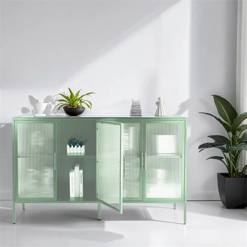 Stylish 4-Door Tempered Glass Cabinet w/4 Glass Doors Adjustable Shelf