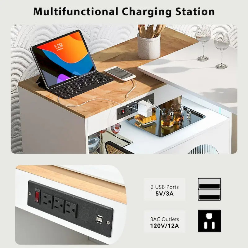 Kitchen Island With Extended Table and LED Lights