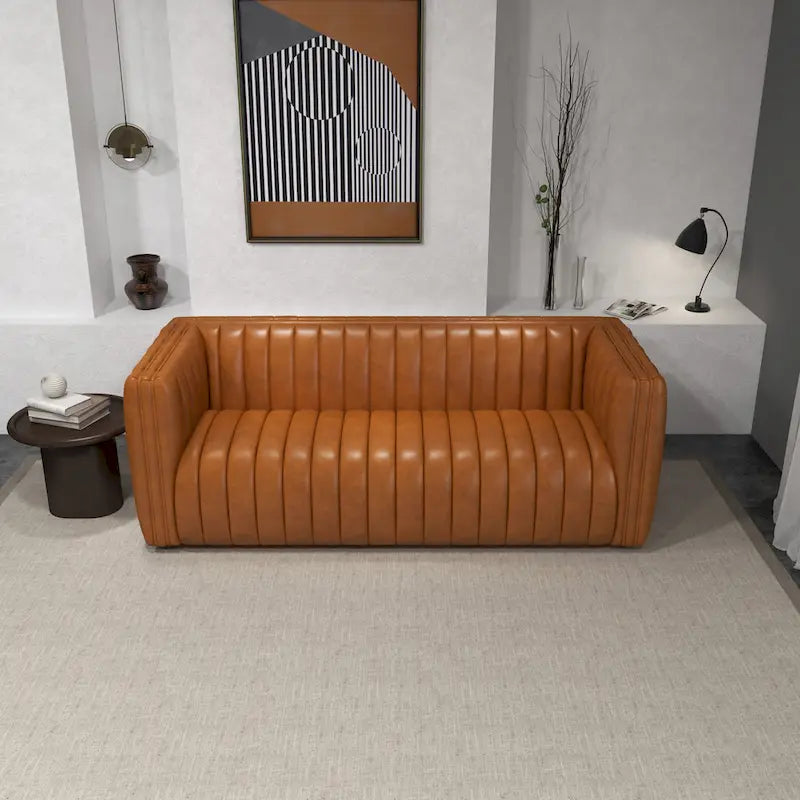 Rasam Mid Century Modern Luxury Tight Back Geniune Leather Couch in Cognac Tan