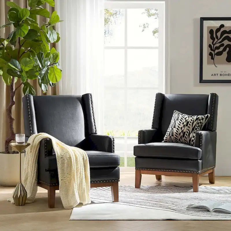 Lourdes Genuine Leather Armchair with Solid Wood Frame and Removable Seat Cushion,Set of 2 by HULALA HOME