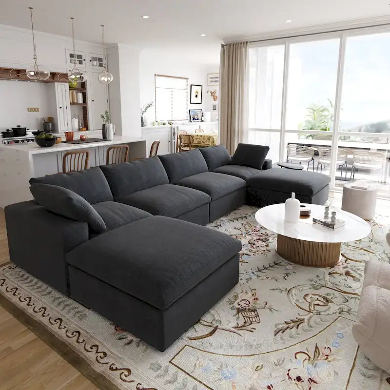 Large U-Shape Linen Reversible Modular Seating Component Sectional with 2 Ottoman