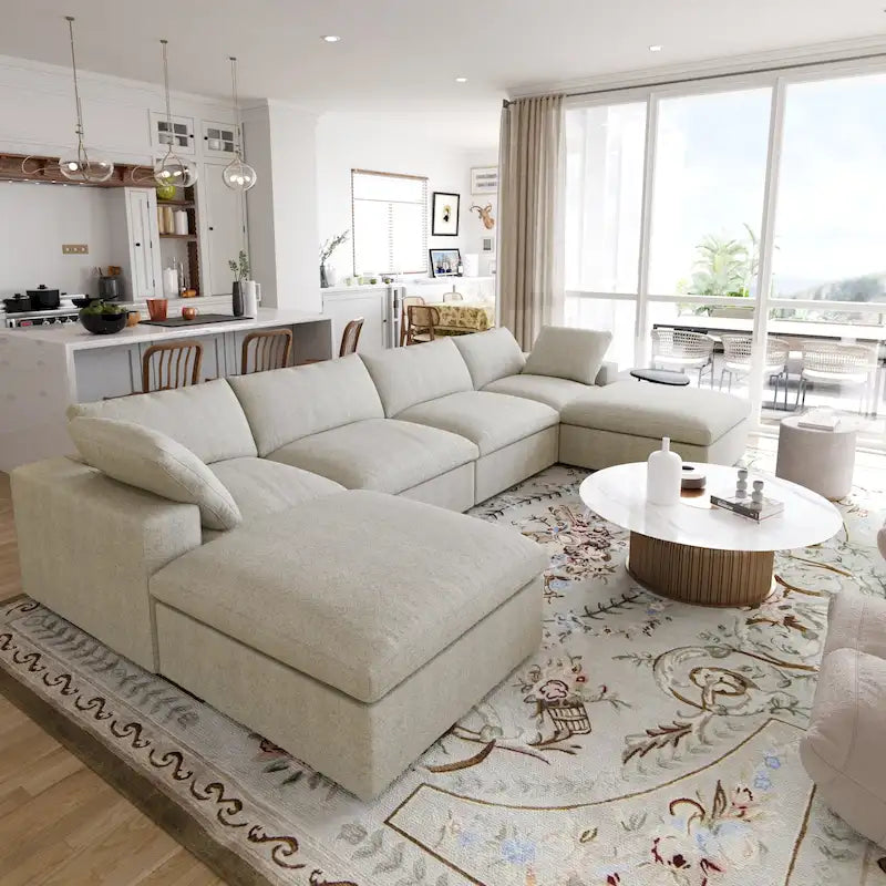 Large U-Shape Linen Reversible Modular Seating Component Sectional with 2 Ottoman