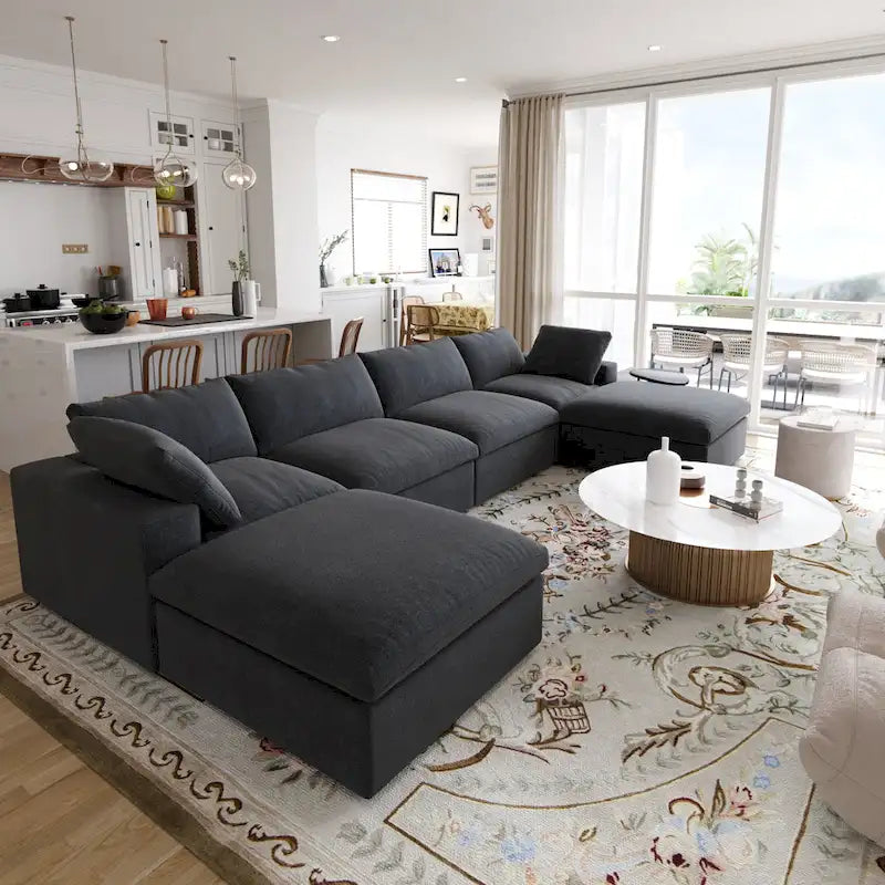 Large U-Shape Linen Reversible Modular Seating Component Sectional with 2 Ottoman