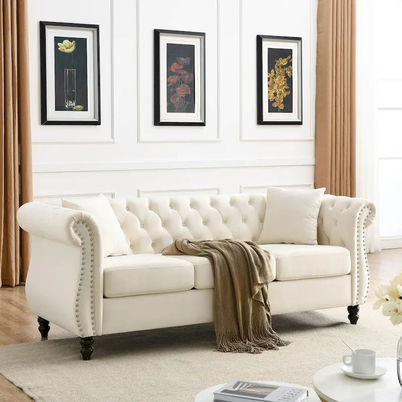 80 Chesterfield Sofa Beige Velvet for Living Room, 3 Seater Sofa Tufted Couch with Rolled Arms and Nailhead , two pillows