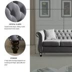 80 Chesterfield Sofa Beige Velvet for Living Room, 3 Seater Sofa Tufted Couch with Rolled Arms and Nailhead , two pillows