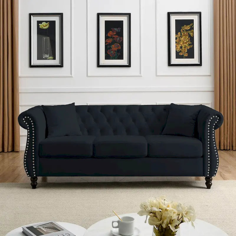 80 Chesterfield Sofa Beige Velvet for Living Room, 3 Seater Sofa Tufted Couch with Rolled Arms and Nailhead , two pillows