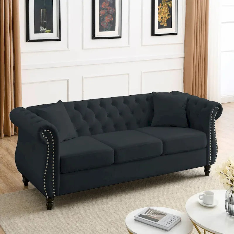 80 Chesterfield Sofa Beige Velvet for Living Room, 3 Seater Sofa Tufted Couch with Rolled Arms and Nailhead , two pillows