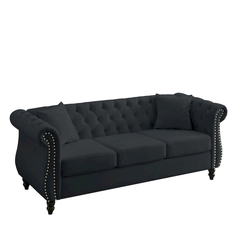 80 Chesterfield Sofa Beige Velvet for Living Room, 3 Seater Sofa Tufted Couch with Rolled Arms and Nailhead , two pillows