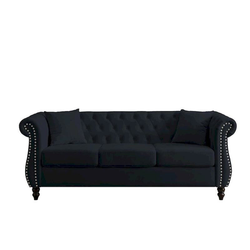 80 Chesterfield Sofa Beige Velvet for Living Room, 3 Seater Sofa Tufted Couch with Rolled Arms and Nailhead , two pillows