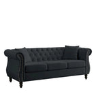 80 Chesterfield Sofa Beige Velvet for Living Room, 3 Seater Sofa Tufted Couch with Rolled Arms and Nailhead , two pillows