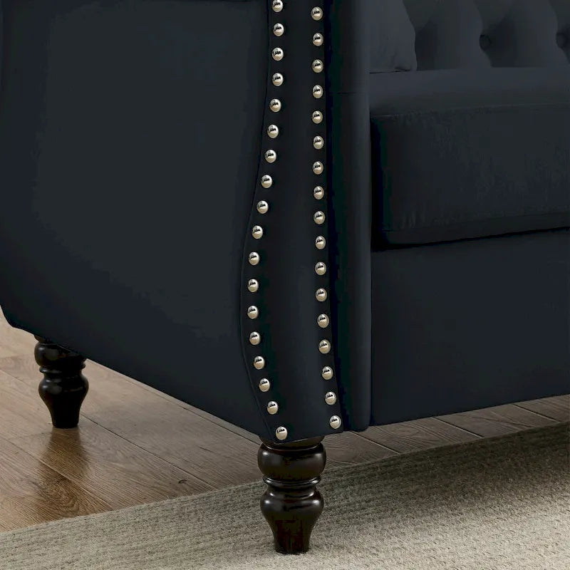 80 Chesterfield Sofa Beige Velvet for Living Room, 3 Seater Sofa Tufted Couch with Rolled Arms and Nailhead , two pillows