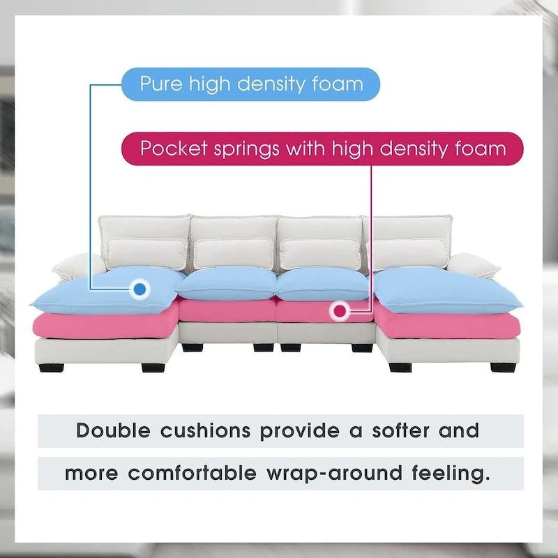 6-seat U-shaped Sectional Sofa, Sleeper Sectional with Waist Pillows for Living Room, Apartment