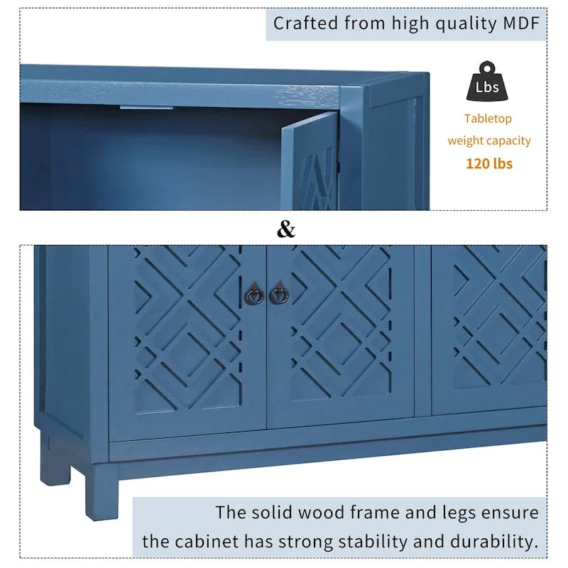 Large Storage Space Sideboard, 4 Door Buffet Cabinet with Pull Ring Handles for Living Room, Dining Room (Navy)