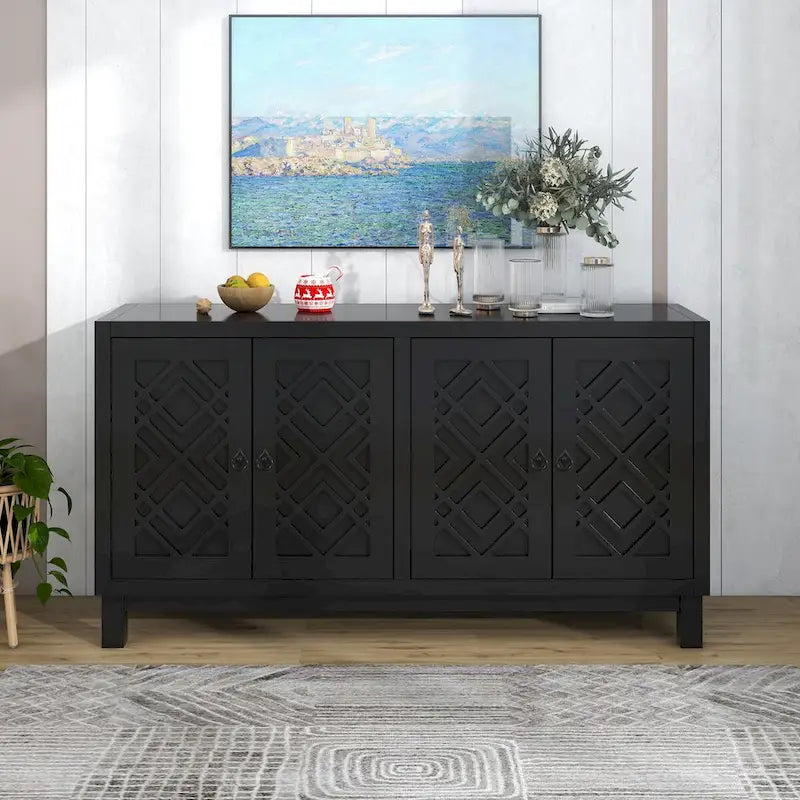 Large Storage Space Sideboard, 4 Door Buffet Cabinet with Pull Ring Handles for Living Room, Dining Room (Navy)