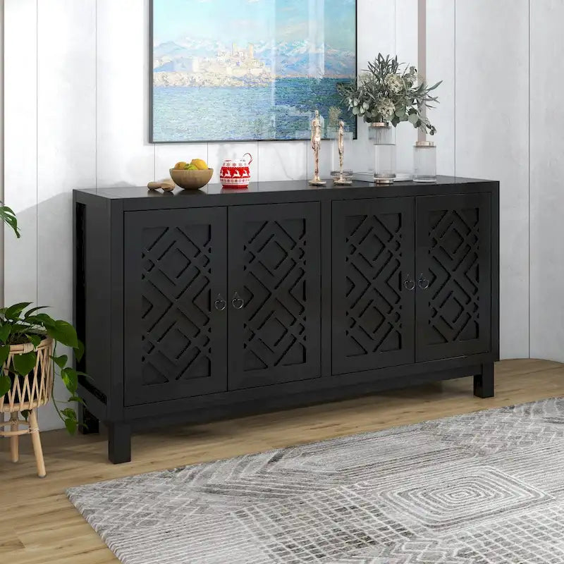 Large Storage Space Sideboard, 4 Door Buffet Cabinet with Pull Ring Handles for Living Room, Dining Room (Navy)