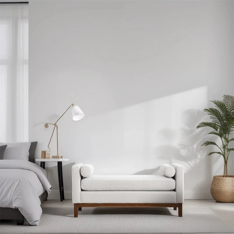 Elegant Upholstered Bench,Ottoman with Wood Legs & Bolster Pillows