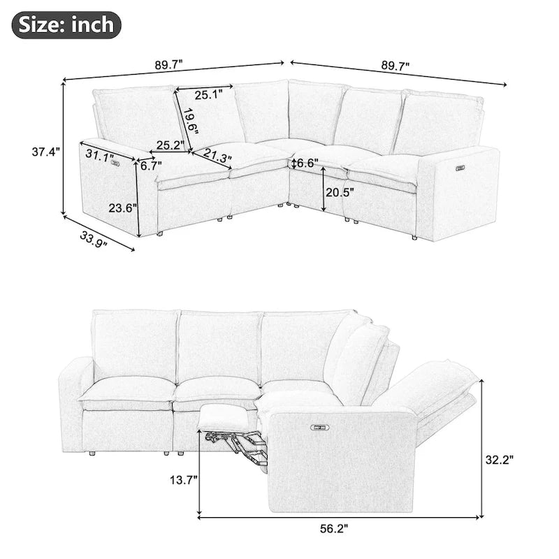 Power Recliner Chair L-Shaped Sectional Sofa, Home Theater Seating Soft Chair
