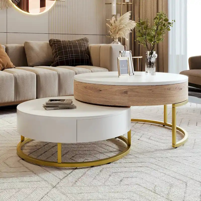 Modern Round Lift-top Nesting Coffee Tables with 2 Drawers