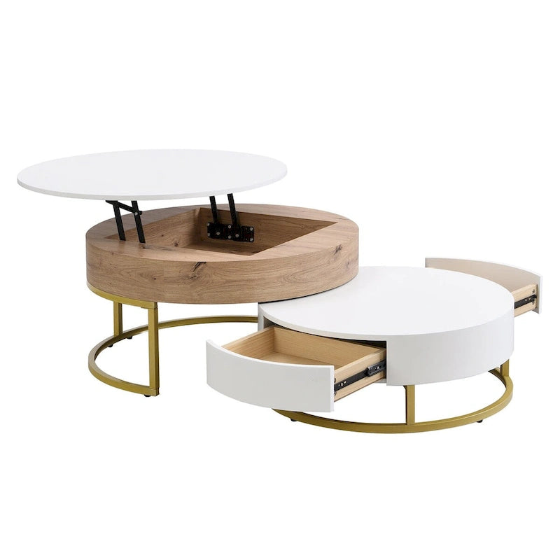 Modern Round Lift-top Nesting Coffee Tables with 2 Drawers