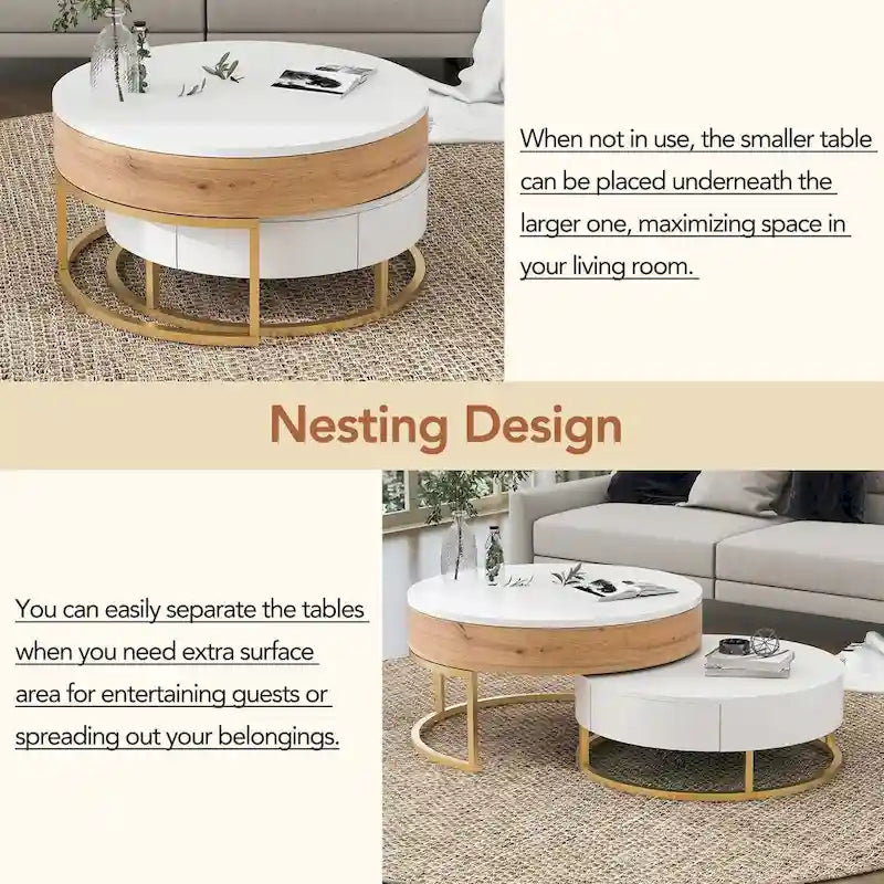 Modern Round Lift-top Nesting Coffee Tables with 2 Drawers