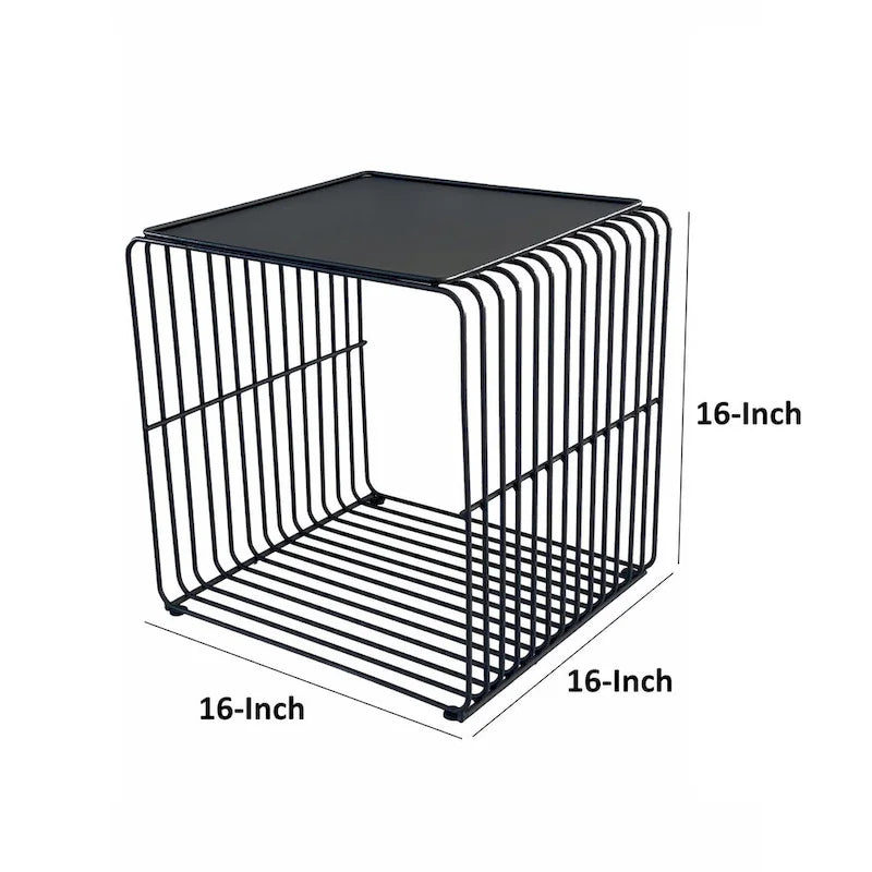 Reo 16 Inch Side End Table, Waterfall Black Metal Wire Frame