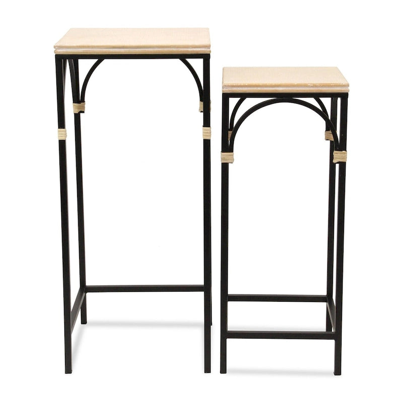 Claudette Set of 2 Rattan Accented Wood & Metal Square Side Tables