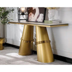 Glam 60 inch Rectangular Glass Console Table with Brushed Gold Stainless Steel Base