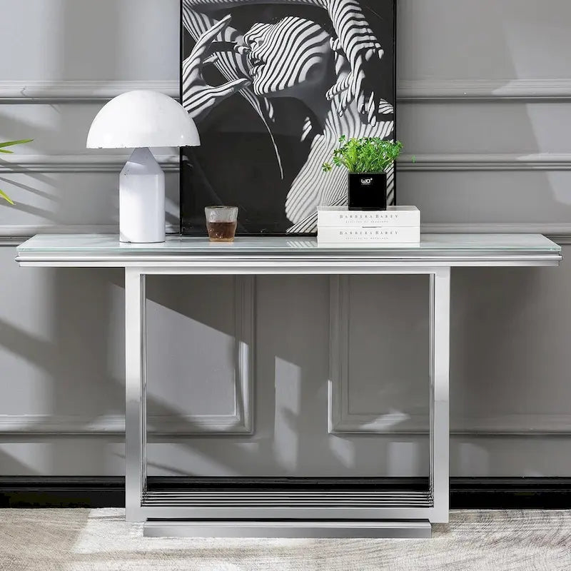 Glam 60 inch Rectangular Glass Console Table with Brushed Gold Stainless Steel Base