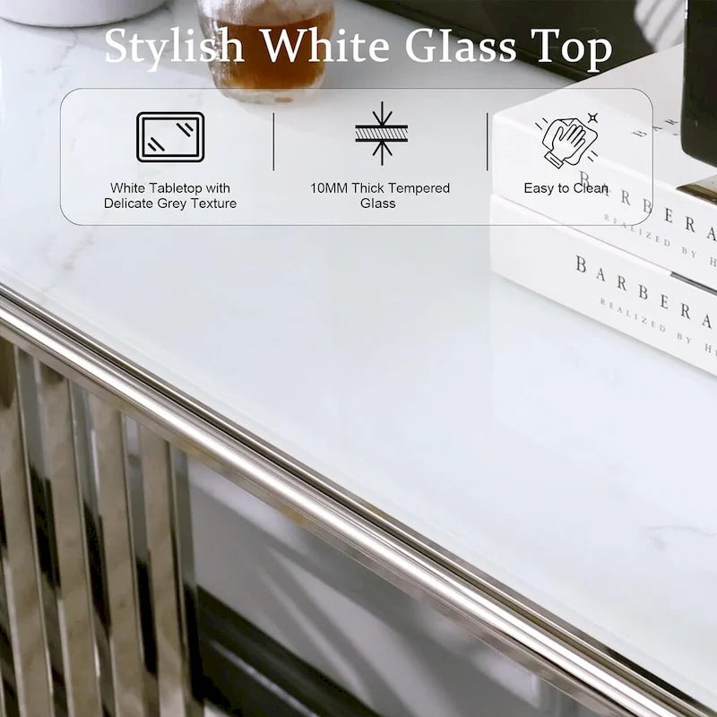 Glam 60 inch Rectangular Glass Console Table with Brushed Gold Stainless Steel Base