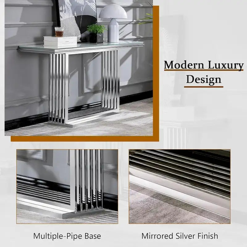 Glam 60 inch Rectangular Glass Console Table with Brushed Gold Stainless Steel Base