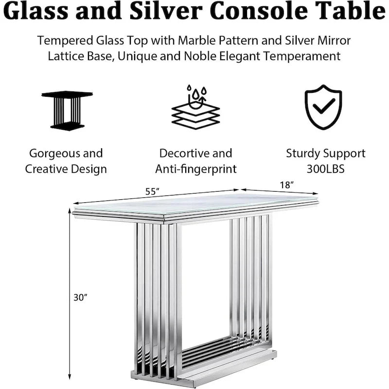 Glam 60 inch Rectangular Glass Console Table with Brushed Gold Stainless Steel Base